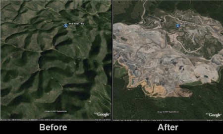 Mountain Topping: when miners use explosives to remove the tops of mountains to gain access to coal buried deep within. 